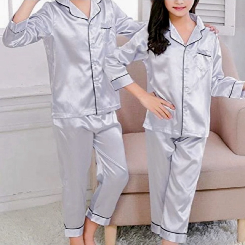 NWT Horcute Girls Satin Pajama Set Pants Long Sleeve Button Front Top Silver